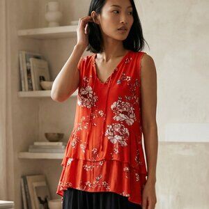 Beautiful Floral Red SUZANNE BETRO Women's Layered Tunic Sleeveless BLOUSE NWOT